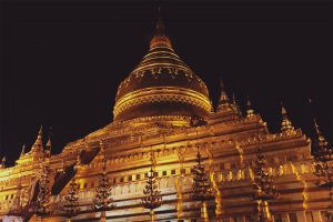 Shwezigon Pagoda by night in Bagan, Myanmar, where the upper floor is closed